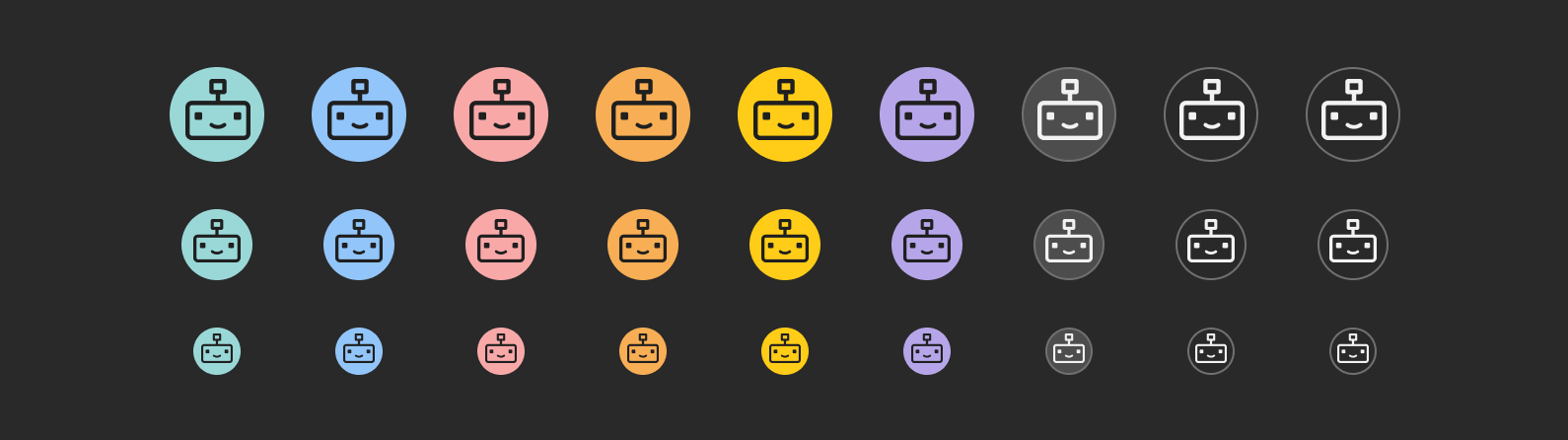 Chatbot avatar color variants on a dark theme/mode background, showing the robot icon in large, medium, and small sizes across eight colors: teal, blue, pink, orange, yellow, purple, gray, and black.