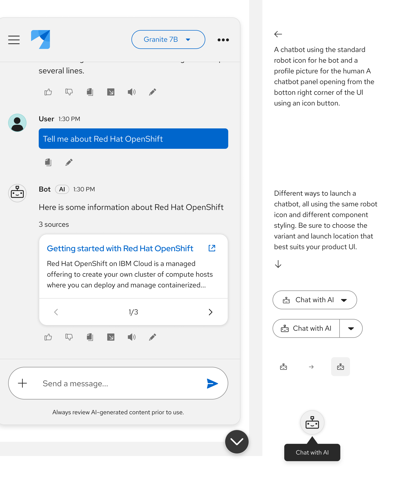 PatternFly chatbot UI screenshot with examples of chatbot launch buttons, using the robot icon