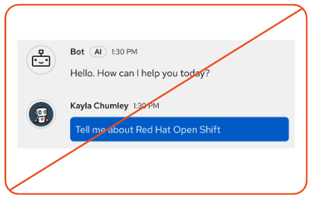 Crossed out chat screenshot with a robot avatar representing a human user