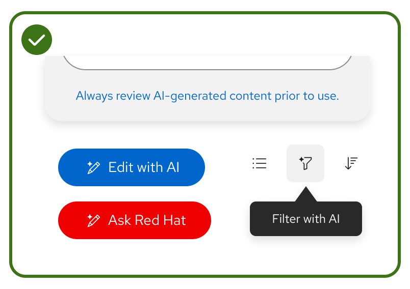 Example including "Edit with AI" and "Ask Red Hat" buttons and an AI filter icon button all matching the expected UI colors