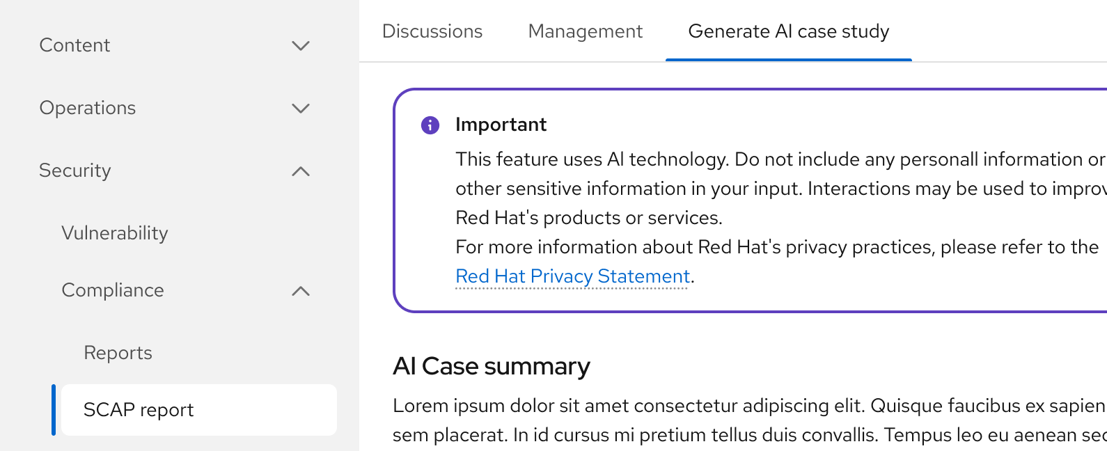 Inline alert warning component shown above an AI case summary within a security application, with "Compliance case uses AI. Check for mistakes..." guidance