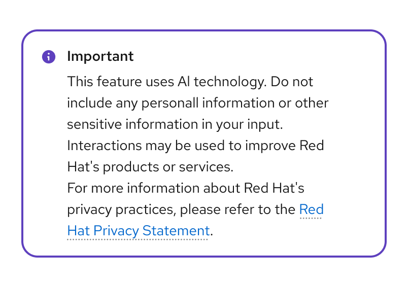 Inline alert info component with "Important. This feature uses AI technology. Do not include any personal information..." guidance