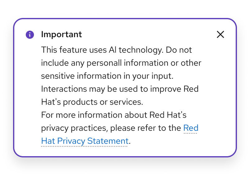 Toast alert info component with "Important. This feature uses AI technology. Do not include any personal information..." guidance