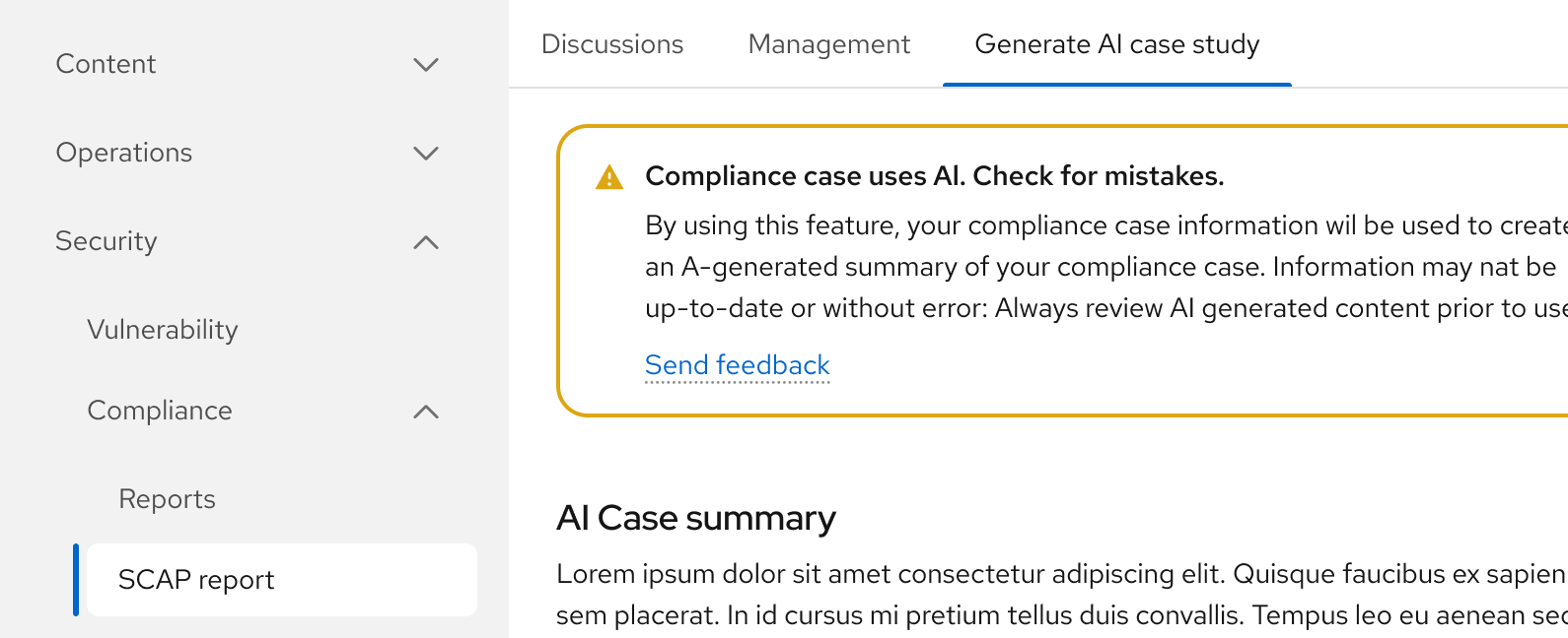 Inline alert info component shown above an AI case summary within a security application, with "Important. This feature uses AI technology..." guidance