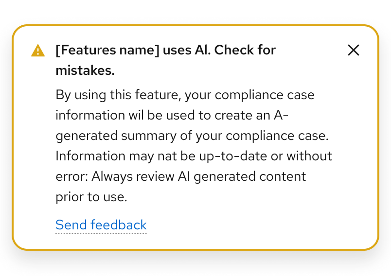 Toast alert warning component with "[Feature name] uses AI. Check for mistakes." guidance
