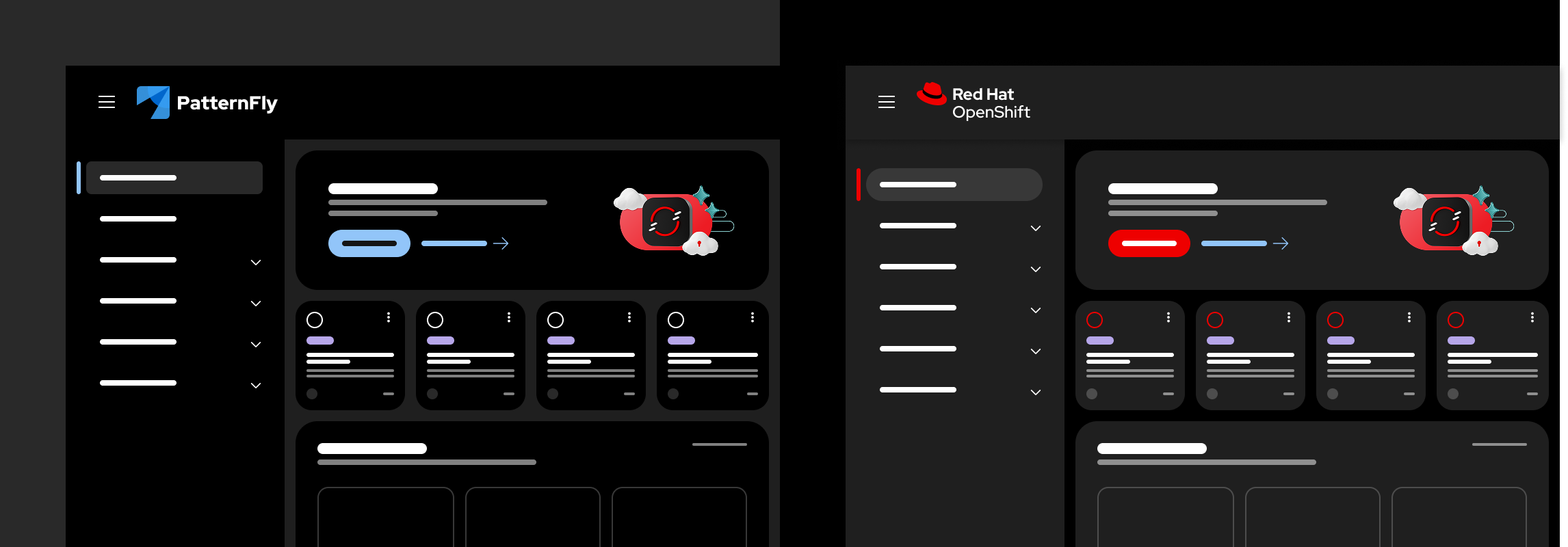 Mock screenshots of a UI designed with PatternFly 6 side-by-side to one with Red Hat Design System